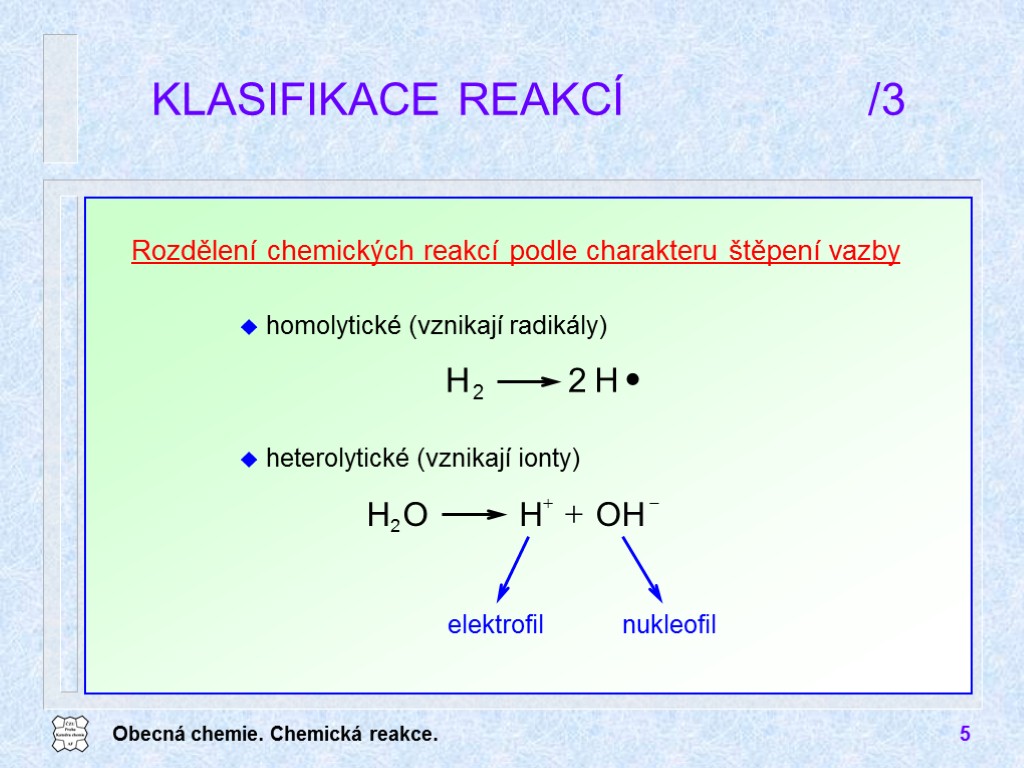 Obecná chemie. Chemická reakce. 5 KLASIFIKACE REAKCÍ /3 Rozdělení chemických reakcí podle charakteru štěpení